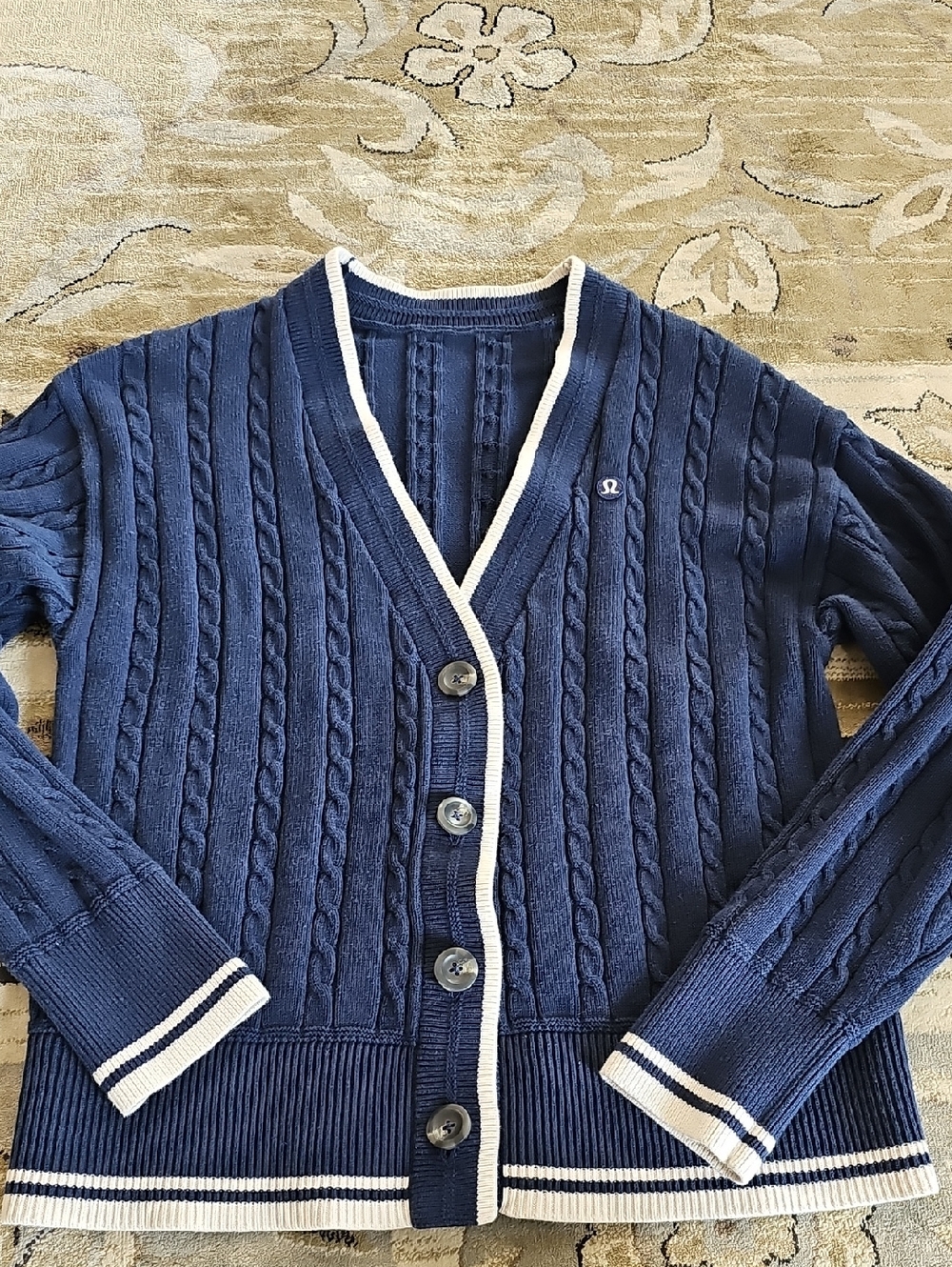 lululemon athletica Navy Cable-Knit Button Cardigan with White Trim
